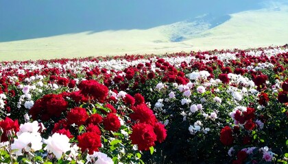 Colorful rose field under a blue sky
