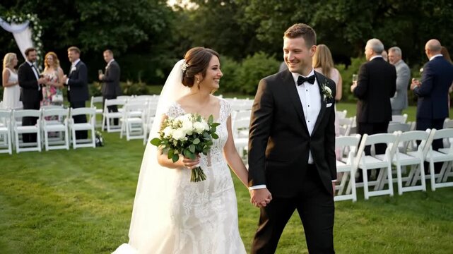 A beautiful and happy bride and groom smile at each other as they walk back down the aisle hand in hand after their outdoor wedding ceremony