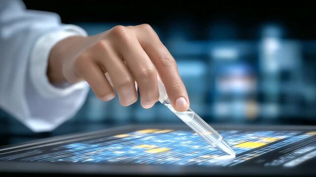 A technician runs a flow cytometer in an immunology lab with lasers scanning cells flowing histograms updating and samples in tubes presented in a high tech photo with laser
