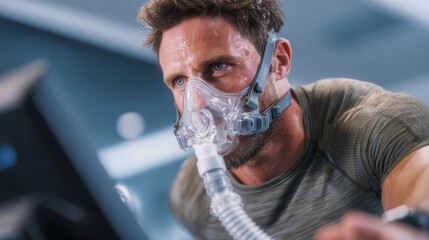 Man runs on treadmill wearing mask and weighted vest during fitness test at gym