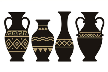 Ancient Greek vase silhouette set. Black and gold pottery collection with classic geometric patterns. Traditional amphora, urn shape. Ethnic ornament for decoration. Vector.