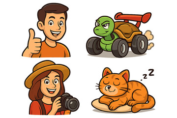 Vector cartoon characters set. Man thumbs up, fast turtle in race car, woman photographer with camera, and cute sleeping cat. Collection of funny mascots and people icons.
