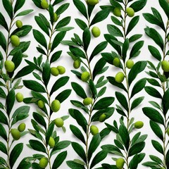 Fototapeta premium Seamless pattern with delicate watercolor olive leaf vines in soft green and brown tones, arranged in vertical stripes on a white background, creating elegant rustic charm for vintage home decor