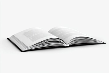 An open book, with crisp white pages and dark cover, casting a soft shadow against a seamless white backdrop in an eye-level, angled view