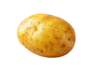 Single, whole, yellow potato, slightly oval shape, with light brown spots