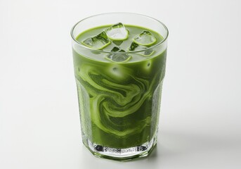 Refreshing, vibrant green iced matcha drink in a glass, showcasing swirling patterns and ice cubes.