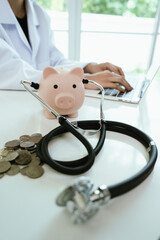 A doctor inspects finances with health concepts, linking insurance, savings, investment, and medical care for future security, prosperity, and wellness.