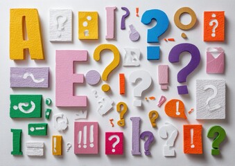 Naklejka premium An overhead shot of colorful, textured question marks, exclamation points, letters 'A' and 'E' scattered on a white surface. Various shapes present