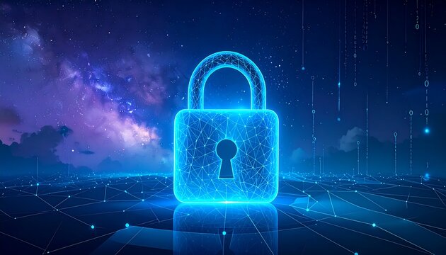 Glowing padlock on digital landscape