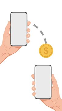 4K Vertical Animation Of Phone To Phone Money Transfer With Golden Dollar Coin Icon Moving Along Dotted Line Vector Illustration White Background