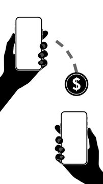 4K Vertical Animation Of Phone To Phone Money Transfer With Black Dollar Coin Icon Moving Along Dotted Line Silhouette Vector Illustration White Background