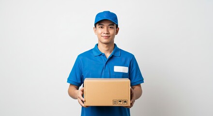 Delivery man in blue holds a brown box against a plain white background