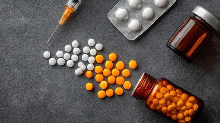 Medical preparations with syringe and various capsules on dark gray background