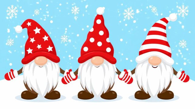 Three cute and cheerful cartoon Christmas gnomes with long white beards and festive red hats hold hands in a snowy winter scene with snowflakes