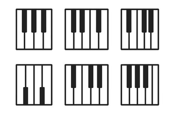Minimalist linear piano keys icon set. Six variations of a simple keyboard pattern. Vector illustration for music design. Sound, melody and classical instrument concept graphic.
