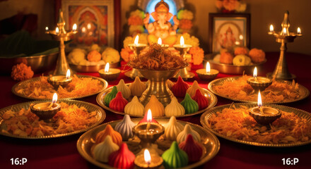 Naklejka premium A vibrant Hindu festival setup featuring a Ganesha idol, lit diyas, and traditional sweets arranged for worship.
