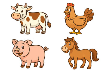 Cute farm animals collection. Cartoon cow, pig, horse, chicken character set. Adorable livestock for childrens design. Funny agriculture mascots. Vector cartoon illustration.
