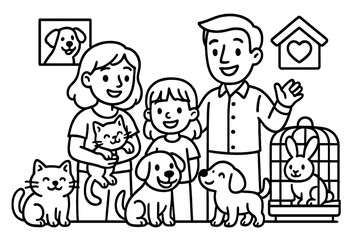 Fototapeta premium Happy family adopting a new pet from an animal shelter. Parents and child choosing a puppy or kitten. Pet adoption center concept with cute animals. Vector line art illustration.