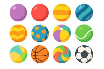 Collection of colorful balls vector set. Flat cartoon spheres for playful designs. Sport balls icon pack with soccer, basketball, tennis, and beach ball. Kids toy illustration.