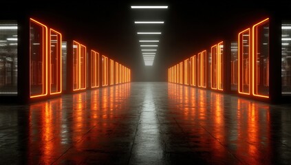Dark, futuristic hallway with neon orange lights, polished floor, and server racks