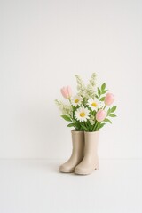 Minimalist spring scene with boots and bouquet, soft vignette, clean composition for banner use