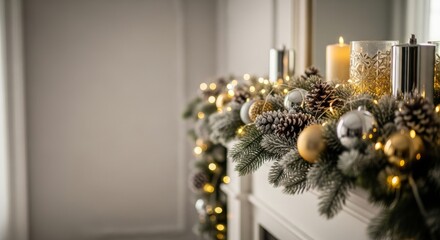Elegant Christmas Garland on a Mantelpiece with Warm Lights and Ornaments