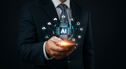 Businessman holding smartphone with glowing AI interface overlay.