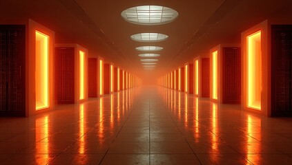 Long, symmetrical interior with glowing orange pillars and ceiling lights, creating a futuristic feel