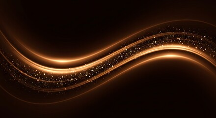 Golden wave with luminous particles flows across a dark background