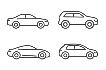 Car line icon set. Collection of different auto body types. Sedan, hatchback, SUV, sports car side view profile. Minimalistic linear vehicle transport symbols. Vector outline.