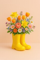 Fototapeta premium Playful spring composition with yellow boots and colorful bouquet on pastel background