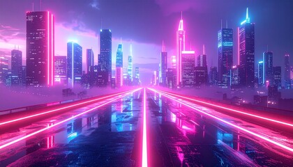Fototapeta premium Futuristic cityscape glows with vibrant neon lights reflecting on wet streets during a misty night, creating a cyberpunk atmosphere.