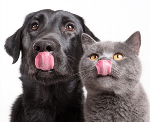 A black labrador and grey cat pose together, tongues out in unison against a stark white background