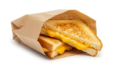 Grilled cheese sandwiches in a brown paper bag dripping melted cheese ready to eat