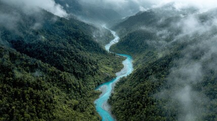 turquoise river rainforest valley mist