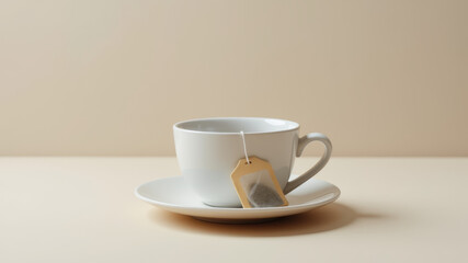 Fototapeta premium White porcelain cup with teabag on saucer in soft neutral tabletop setting