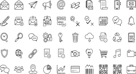 Collection of small black and white line art icons representing business technology and communication concepts vector