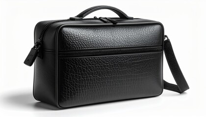 Naklejka premium Black leather briefcase sitting on a white surface, showcasing its texture and design in a simple studio setting, conveying professionalism and style.