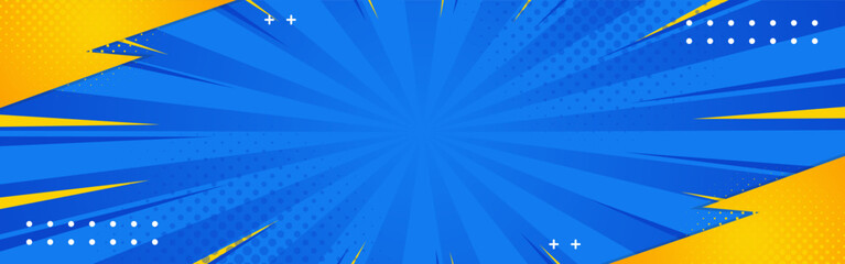 Abstract blue and yellow comic background with sunburst effect and halftone. Modern pop art banner design for sale templates, events, business ads, websites, and headers