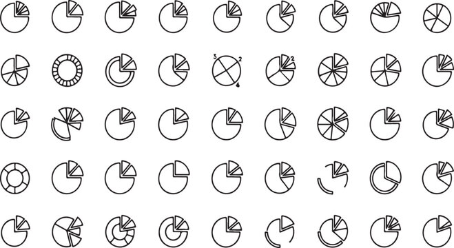 Collection of hand drawn pie chart icons representing various data segments and percentages vector