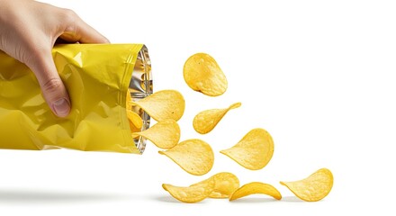 Hand tilts a yellow bag pouring out chips onto a white surface