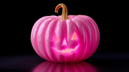 Pink pumpkin with a light inside of it. The pumpkin is lit up and has a scary face