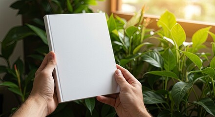 Hands hold a blank white book against a backdrop of lush green plants and a sunlit window
