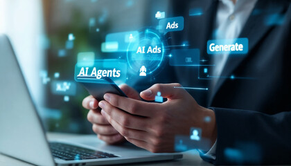 Businessman holding smartphone with glowing AI interface overlay.