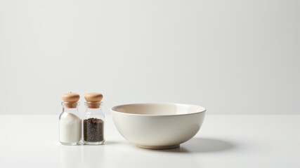 White bowl with salt and pepper shakers on clean neutral surface