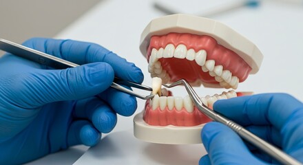 Hands in blue gloves manipulating a dental model with metal tools focusing on a single tooth