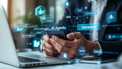 Businessman holding smartphone with glowing AI interface overlay.