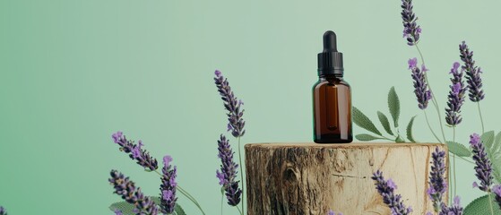 Herbal Oil Bottle on Wooden Podium with Fresh Herbs in Sunlight