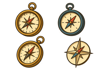 Set of cartoon compasses for navigation and exploration. Collection of vintage travel and adventure symbols. Vector icons showing direction, north, south, east, west. Isolated.