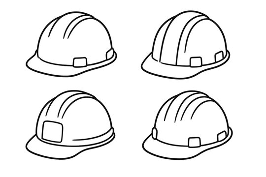 Set of outline hard hats in various styles for construction safety and industrial work. Vector cartoon illustration with transparent background. Protective helmets in diverse designs.